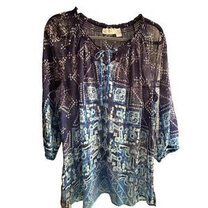 Chico’s size 2 (L) blue print semi-sheer smock neck w/ tie 3/4 sleeve Boho top